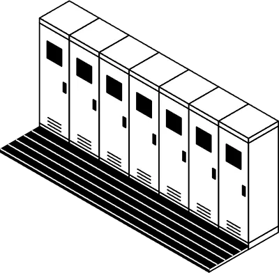 Simple and cute isometric line art illustration of a locker room with a row of lockers and changing 