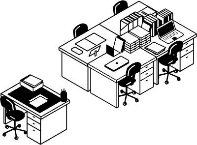 Simple and cute isometric line art illustration of an office with a row of desks