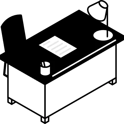 Simple and cute isometric line art illustration of a desk with a desk light and papers