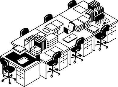 Simple and cute isometric line art illustration of an office with a row of desks
