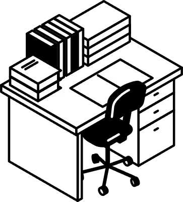 Simple and cute isometric line art illustration of a study desk lined with books