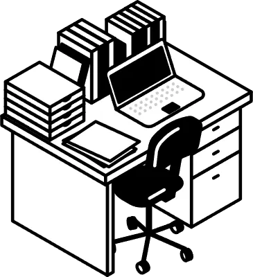 Simple and cute isometric line art illustration of a desk full of laptops, papers and documents