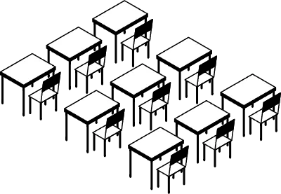 Simple and cute isometric line art of a school classroom with desks and chairs