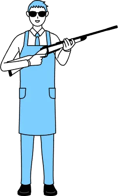 A man in an apron with sunglasses and holding a rifle