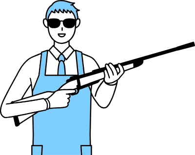 A man in an apron with sunglasses and holding a rifle