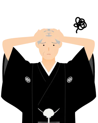 A senior man in kimono, wearing a crested hakama, Worry with your head