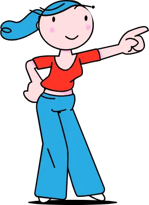 可愛い女性のちびキャラが指をさしている