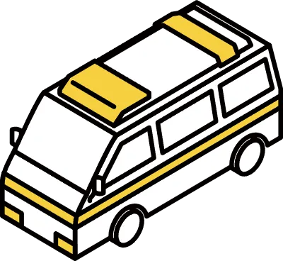 Isometric line art of a rotary with bus stop, parked bus and taxi in minimal urban cityscape