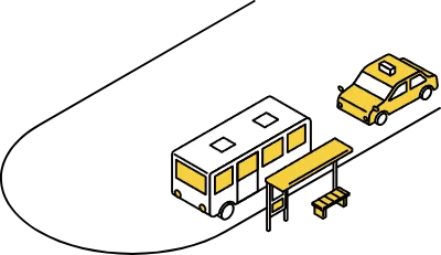 Isometric line art of a rotary with bus stop, parked bus and taxi in minimal urban cityscape