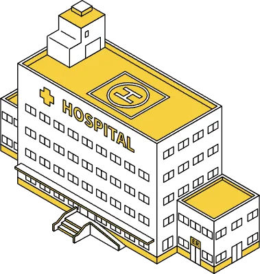 Simple line drawing isometric illustration of an emergency hospital with doctor helipad