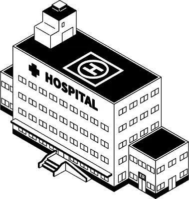 Simple line drawing isometric illustration of an emergency hospital with doctor helipad, black and w