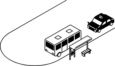 Isometric line art of a rotary with bus stop, parked bus and taxi in minimal urban cityscape, black 