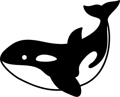 Isometric line art illustration of an orca whale, simple summer ocean animal icon, black and white