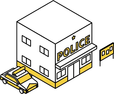 Isometric line art illustration of a police box and patrol car in a simple and minimal design