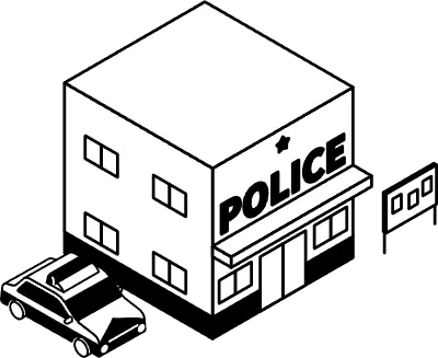 Isometric line art illustration of a police box and patrol car in a simple and minimal design, black