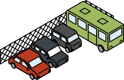 Isometric illustration of a simple line drawing of a fenced parking lot and buses and cars 'sedan an