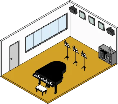 Simple and cute isometric line drawing illustration of a school music room with a grand piano and mu
