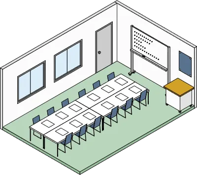 Simple and cute isometric line drawing illustration of a school conference room with whiteboard and 