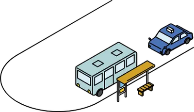 Isometric line art of a rotary with bus stop, parked bus and taxi in minimal urban cityscape
