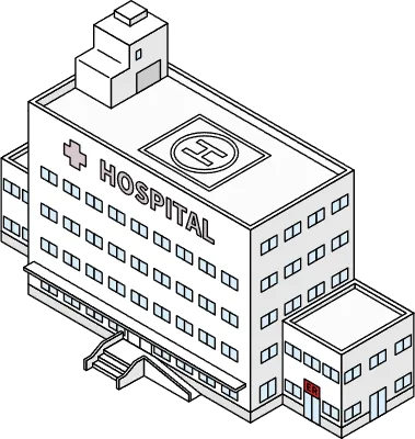 Simple line drawing isometric illustration of an emergency hospital with doctor helipad