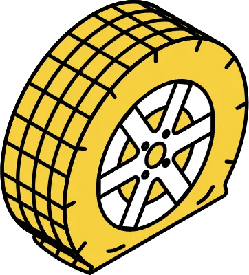 Isometric illustration of a flat tire, punctured car tire with detailed tread, damaged wheel shown i