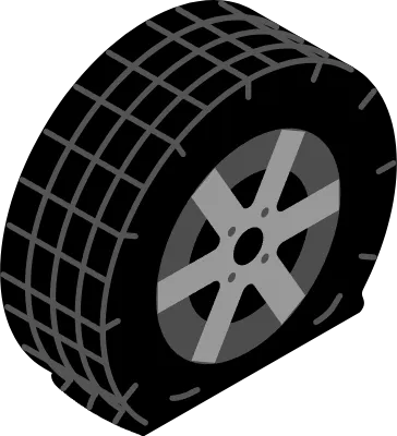Isometric illustration of a flat tire, punctured car tire with detailed tread, damaged wheel shown i