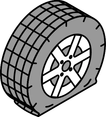 Isometric illustration of a flat tire, punctured car tire with detailed tread, damaged wheel shown i