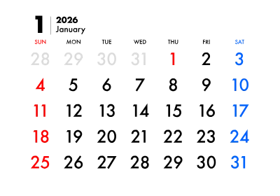 2026年カレンダー 1月