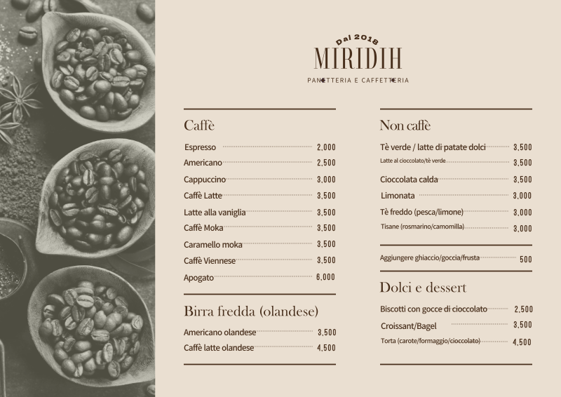 Poster orizzontale del menu del caffè con foto nei toni caldi del beige ...