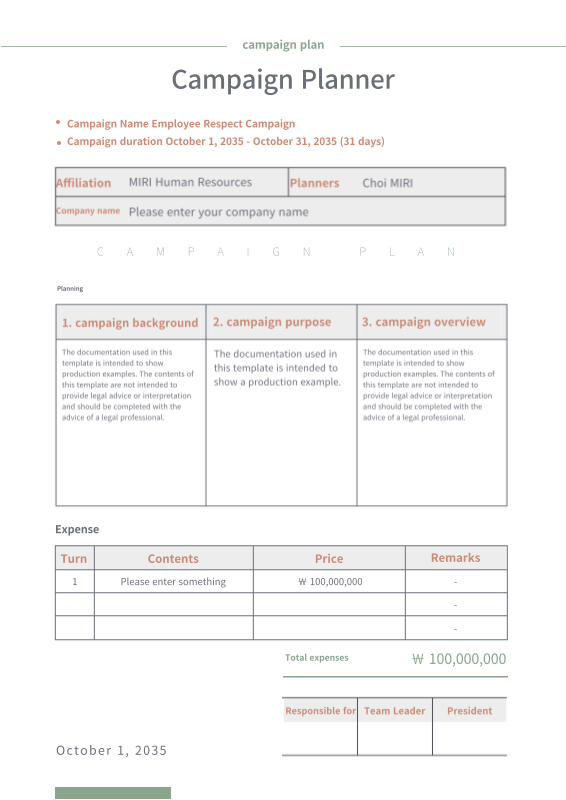 Campaign plan in green with brown tabular coloring - MiriCanvas