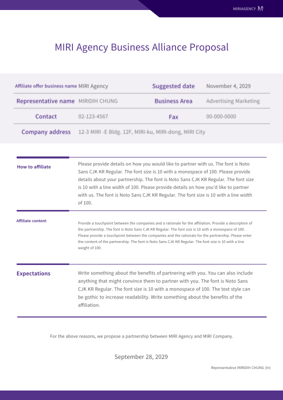 Affiliate proposal with a simple file concept in purple - MiriCanvas