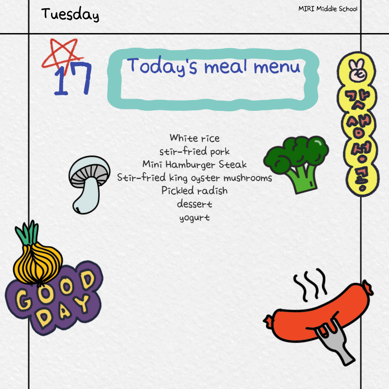Provide student lunch menu information in a diary-like format on white ...