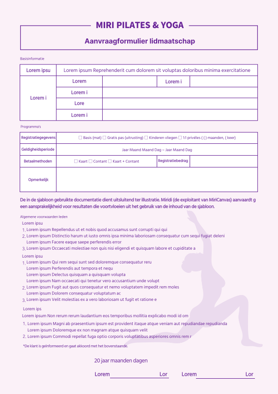 Mauve Pilates Yoga Lidmaatschap Aanvraagformulier Contract Workout ...