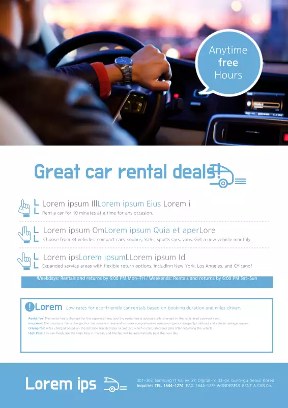 Clean rental car descriptions and promotions with blue, human driver ...