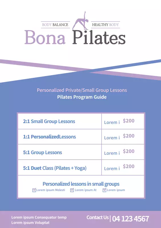 Promoting a simple Pilates school program with blue and purple tables ...