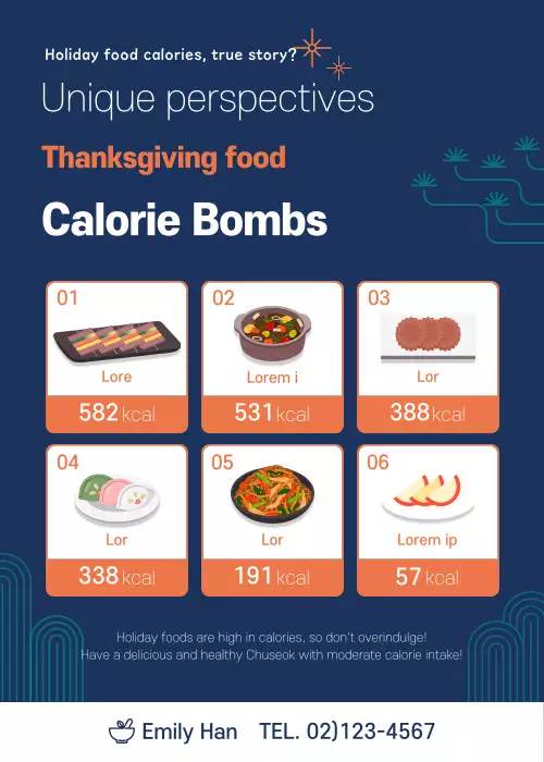Clean illustrated holiday food calorie guide in navy and orange