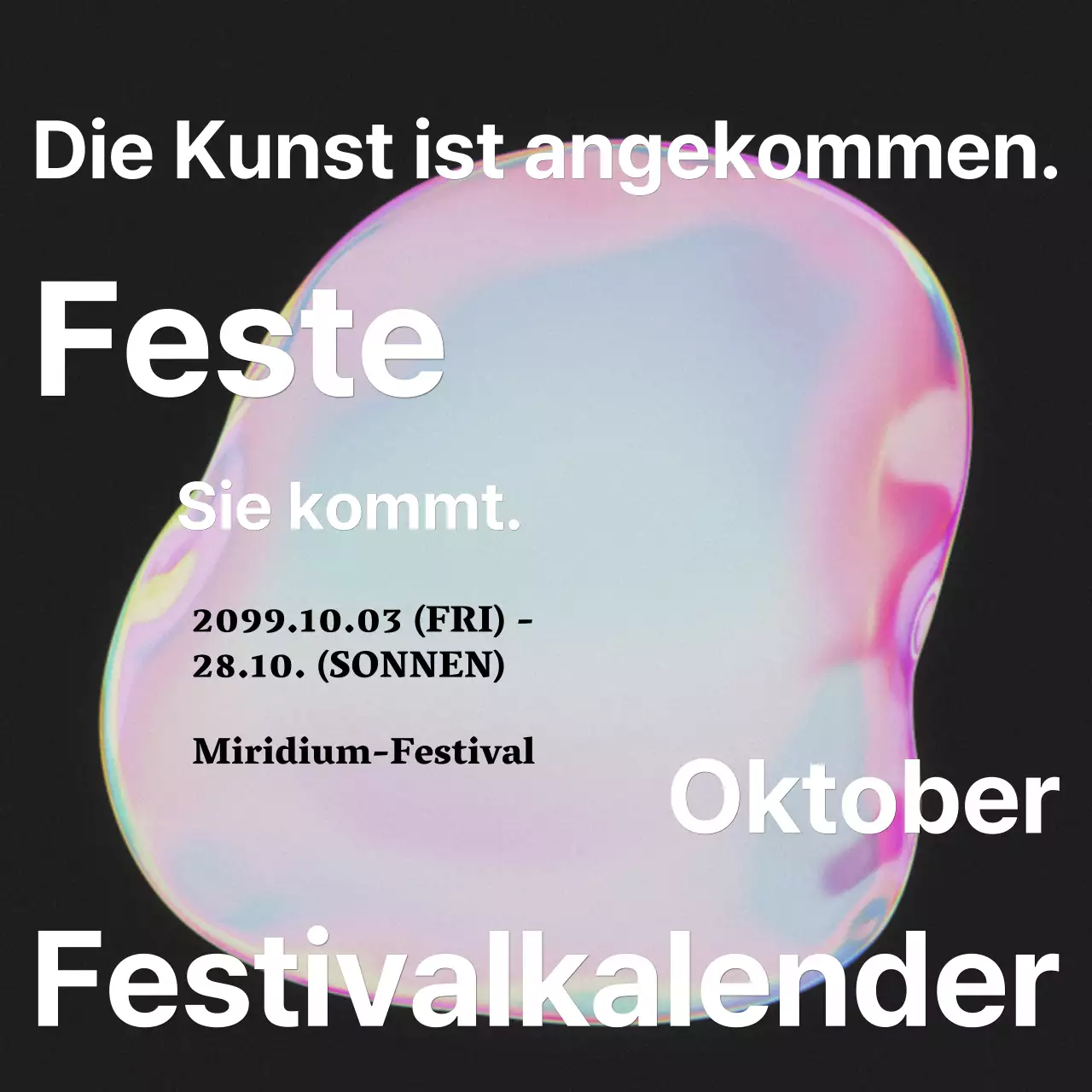 Ankündigung eines kitschigen Kunstfestivals mit einem rosa Regenbogen aus Farben