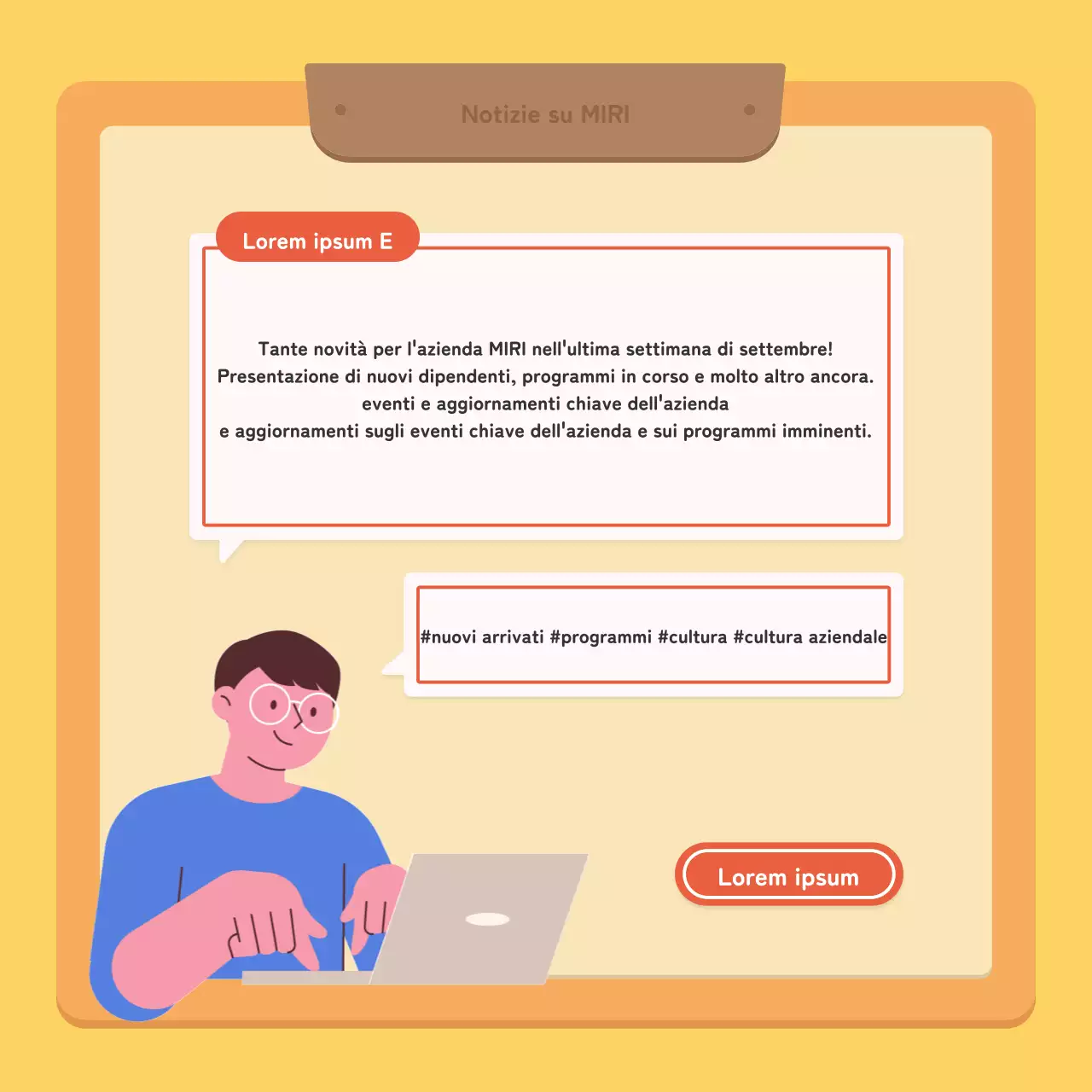 Un post di newsletter aziendale kitsch in rosso e giallo