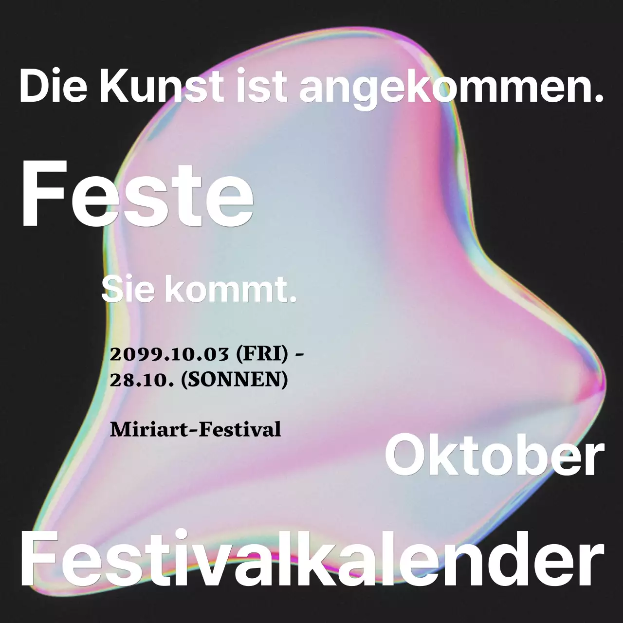 Ankündigung eines kitschigen Kunstfestivals mit einem rosa Regenbogen aus Farben