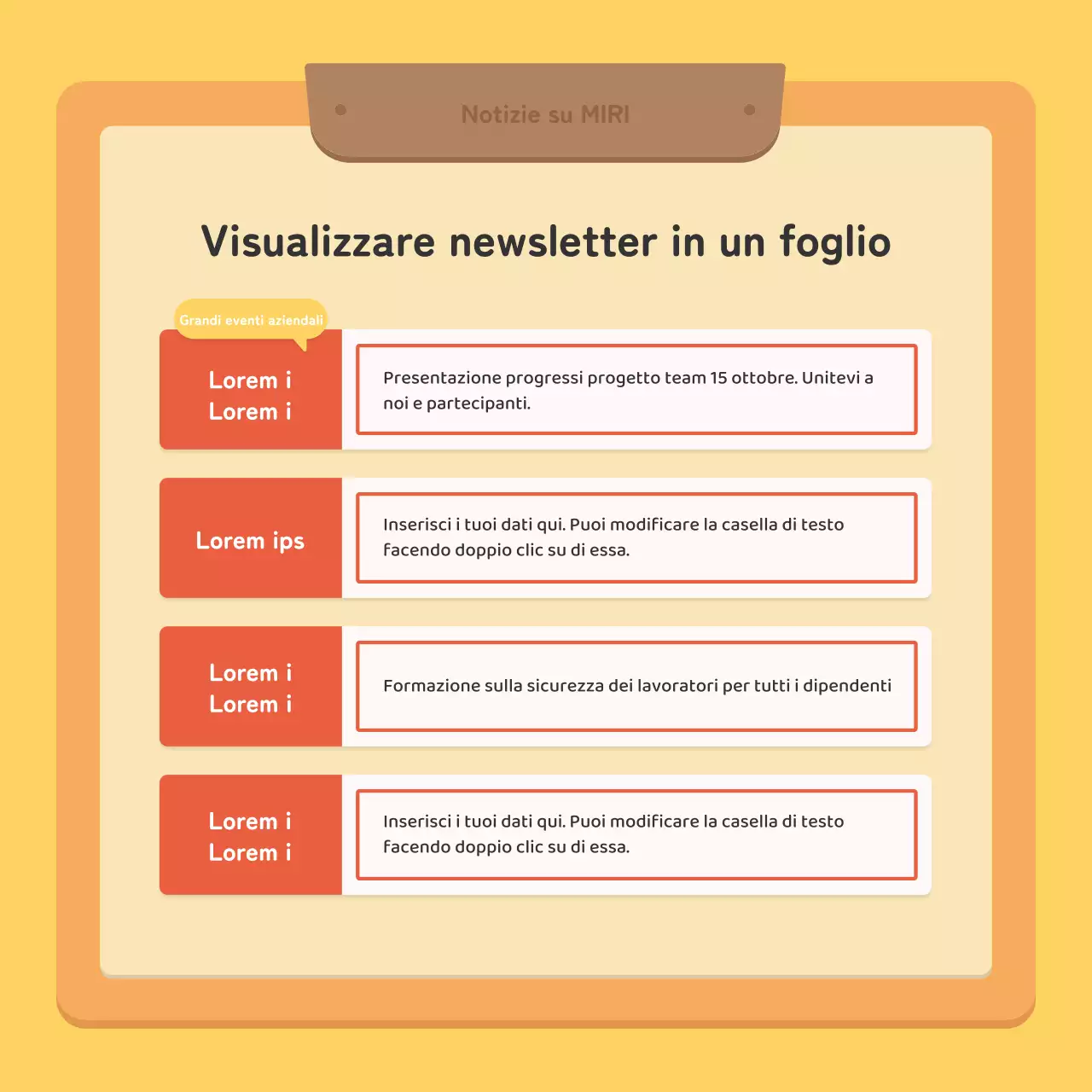 Un post di newsletter aziendale kitsch in rosso e giallo
