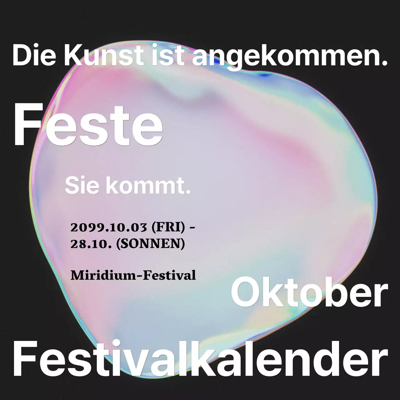 Ankündigung eines kitschigen Kunstfestivals mit einem rosa Regenbogen aus Farben