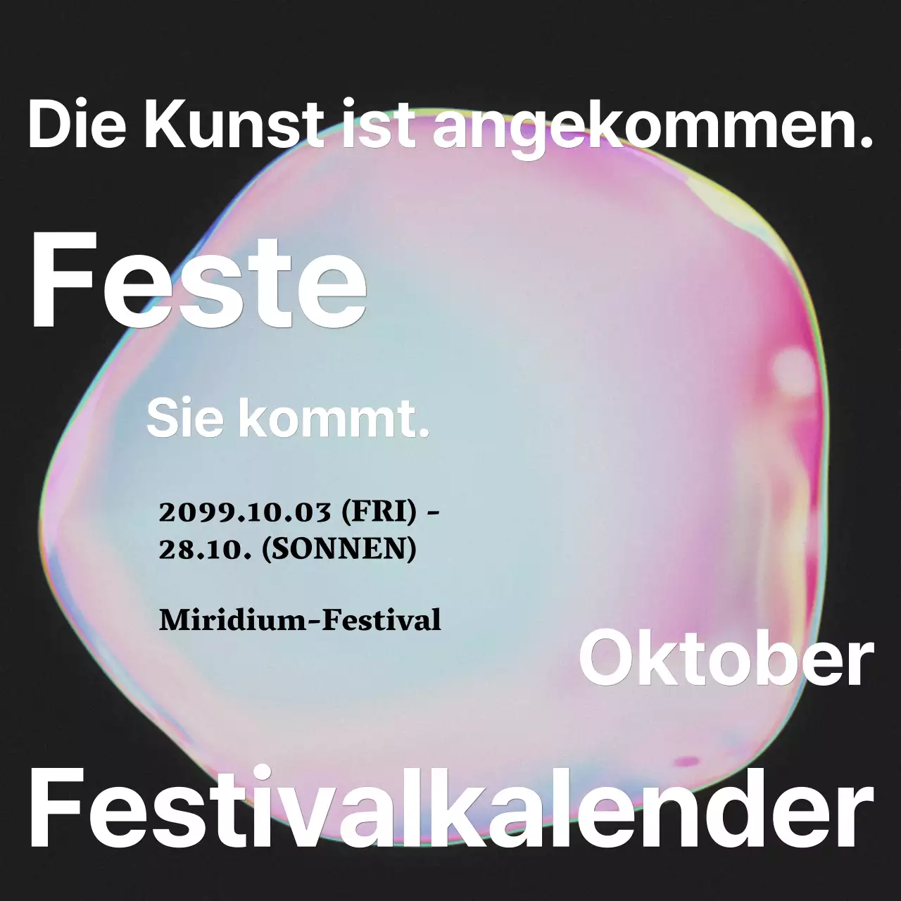 Ankündigung eines kitschigen Kunstfestivals mit einem rosa Regenbogen aus Farben