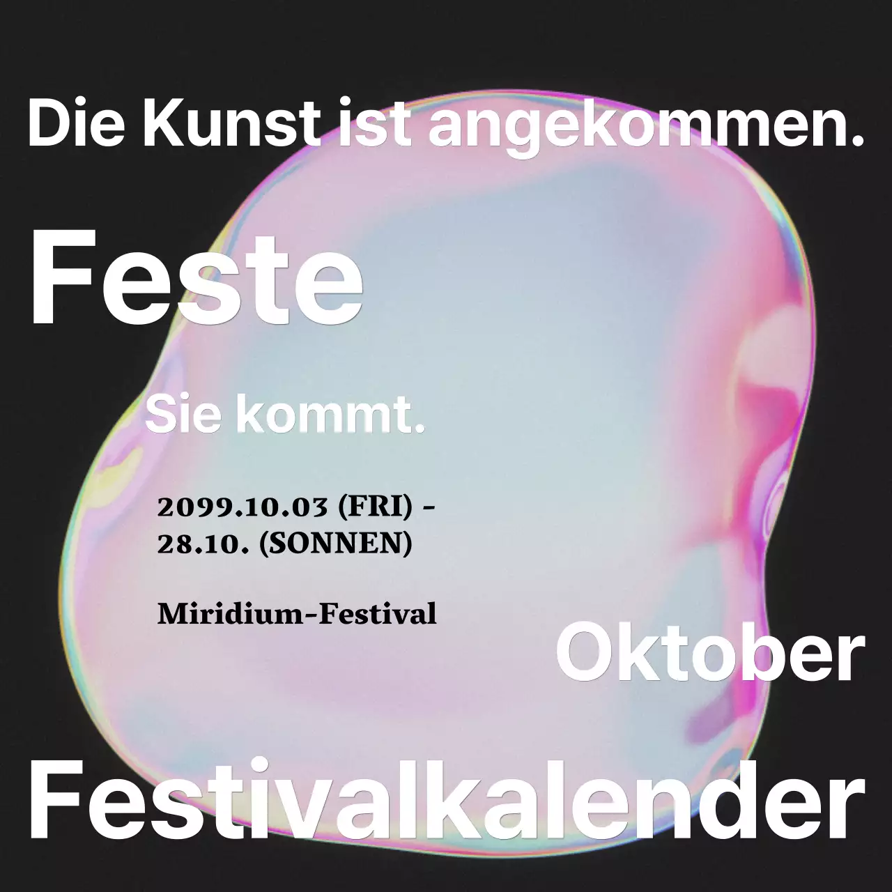 Ankündigung eines kitschigen Kunstfestivals mit einem rosa Regenbogen aus Farben