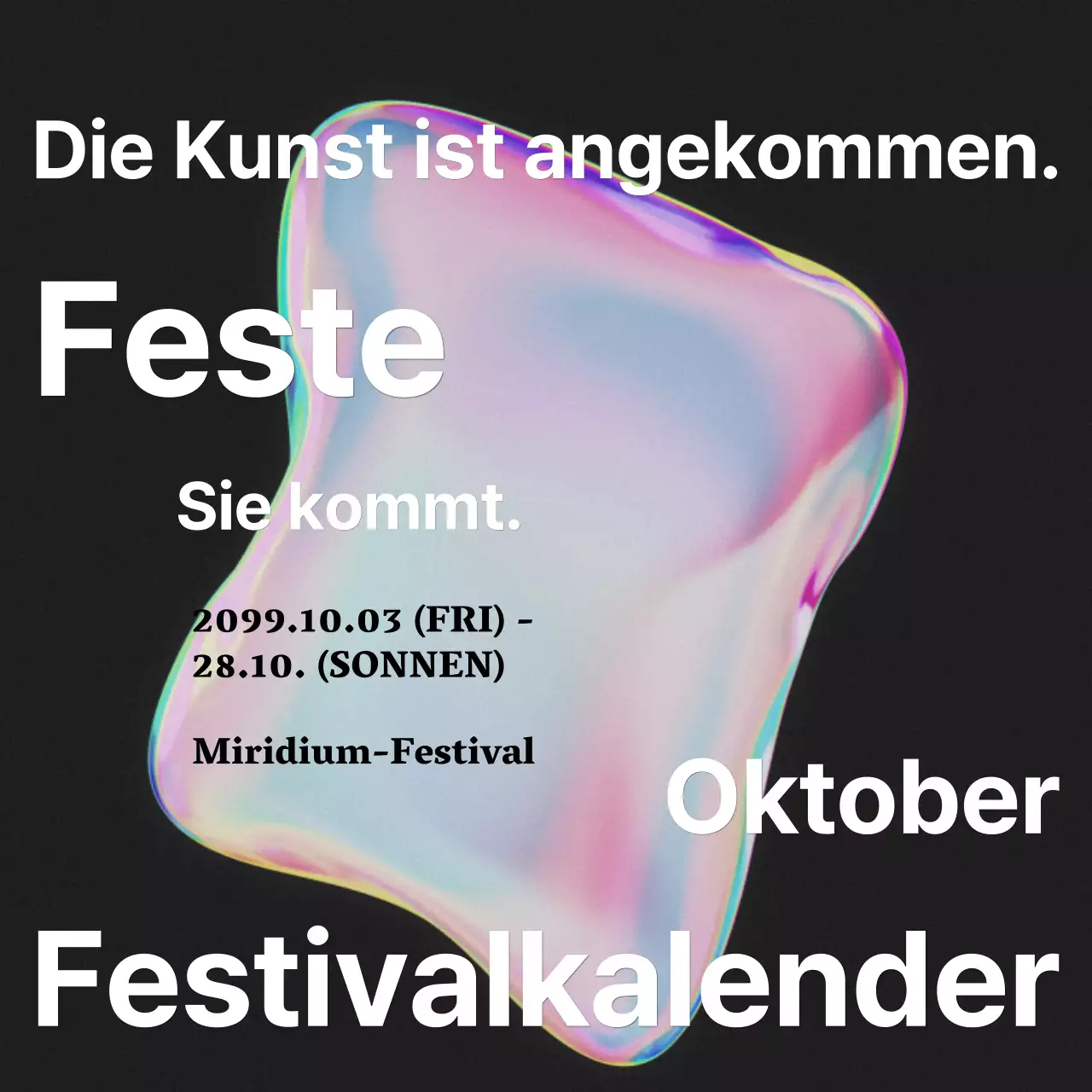 Ankündigung eines kitschigen Kunstfestivals mit einem rosa Regenbogen aus Farben