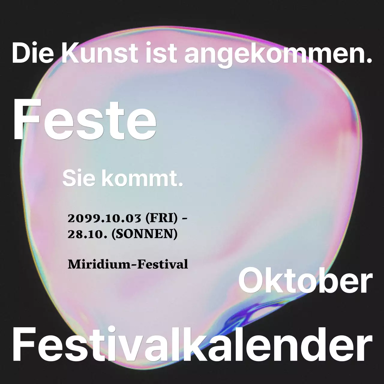 Ankündigung eines kitschigen Kunstfestivals mit einem rosa Regenbogen aus Farben