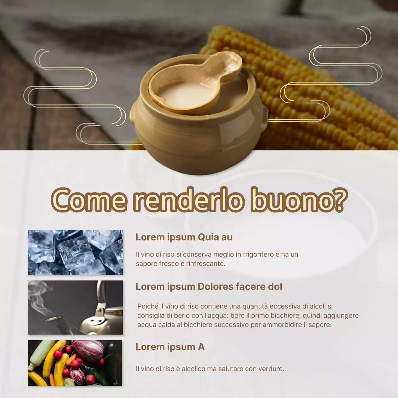 Promuovere l'abbinamento di cibi orientali blu navy e gialli con il vino di riso