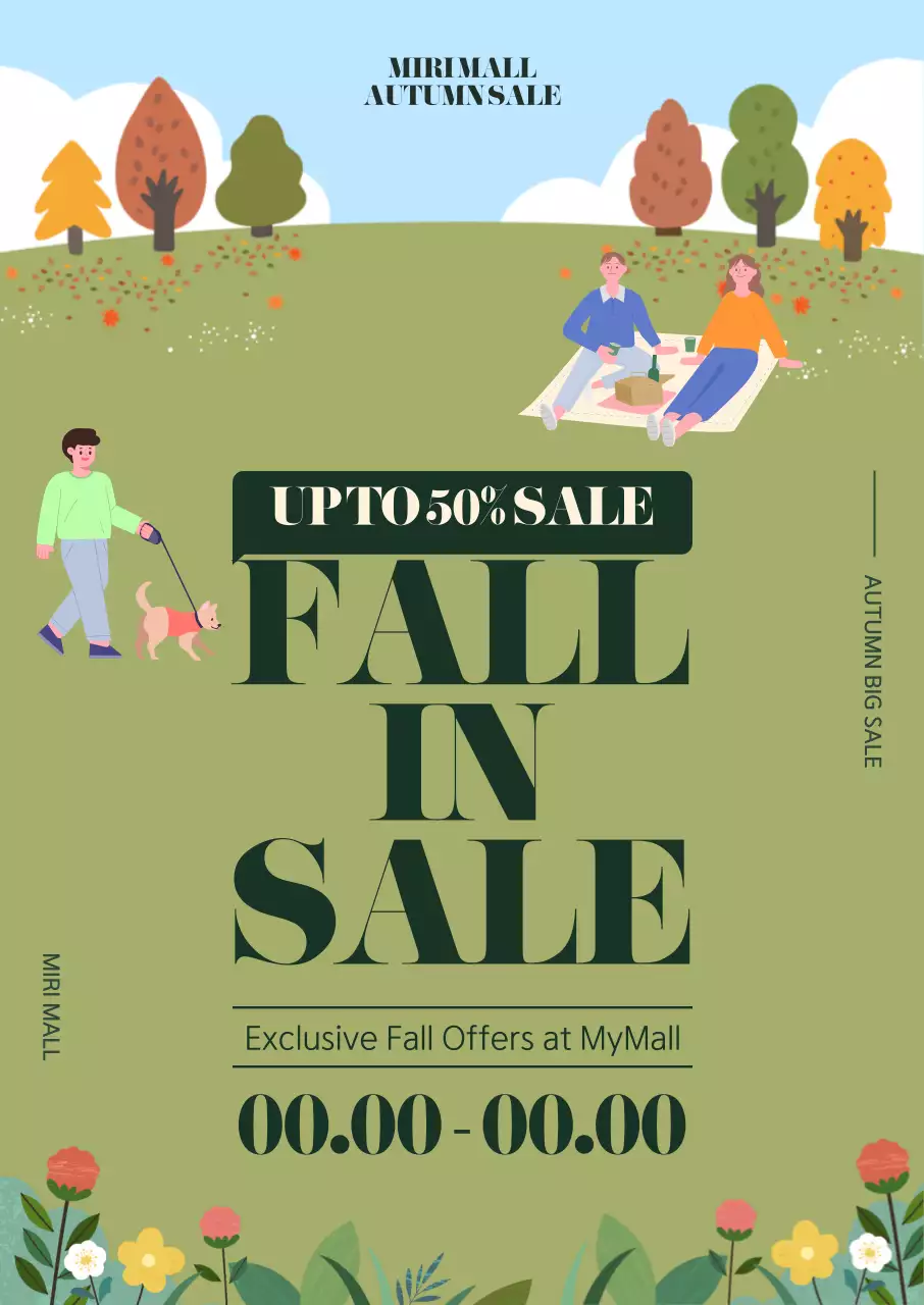 Obral belanja musim gugur yang menampilkan ilustrasi orang-orang yang sedang menikmati piknik di padang bunga musim gugur.