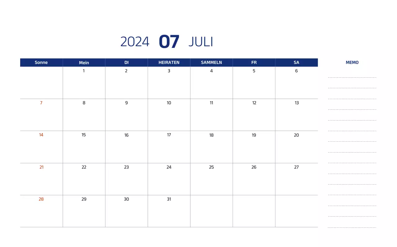 Einfacher Kalender mit klaren Illustrationen in Blau