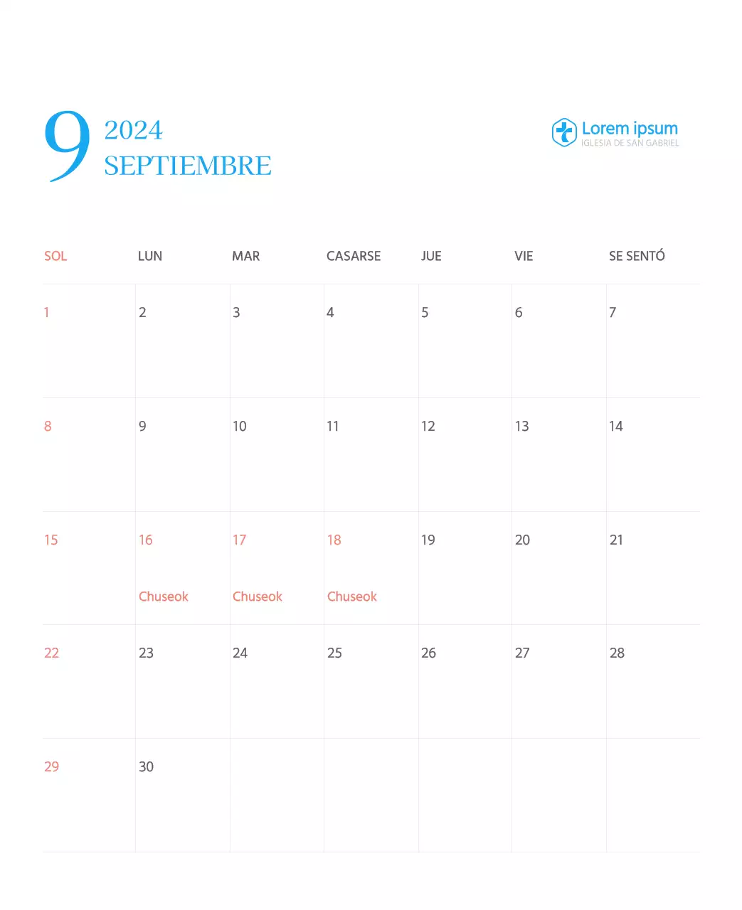 Calendario eclesiástico azul de concepto moderno