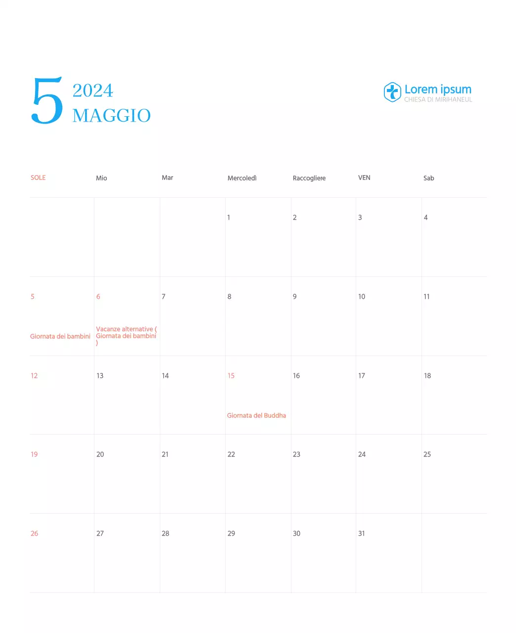 Calendario ecclesiastico blu di concezione moderna